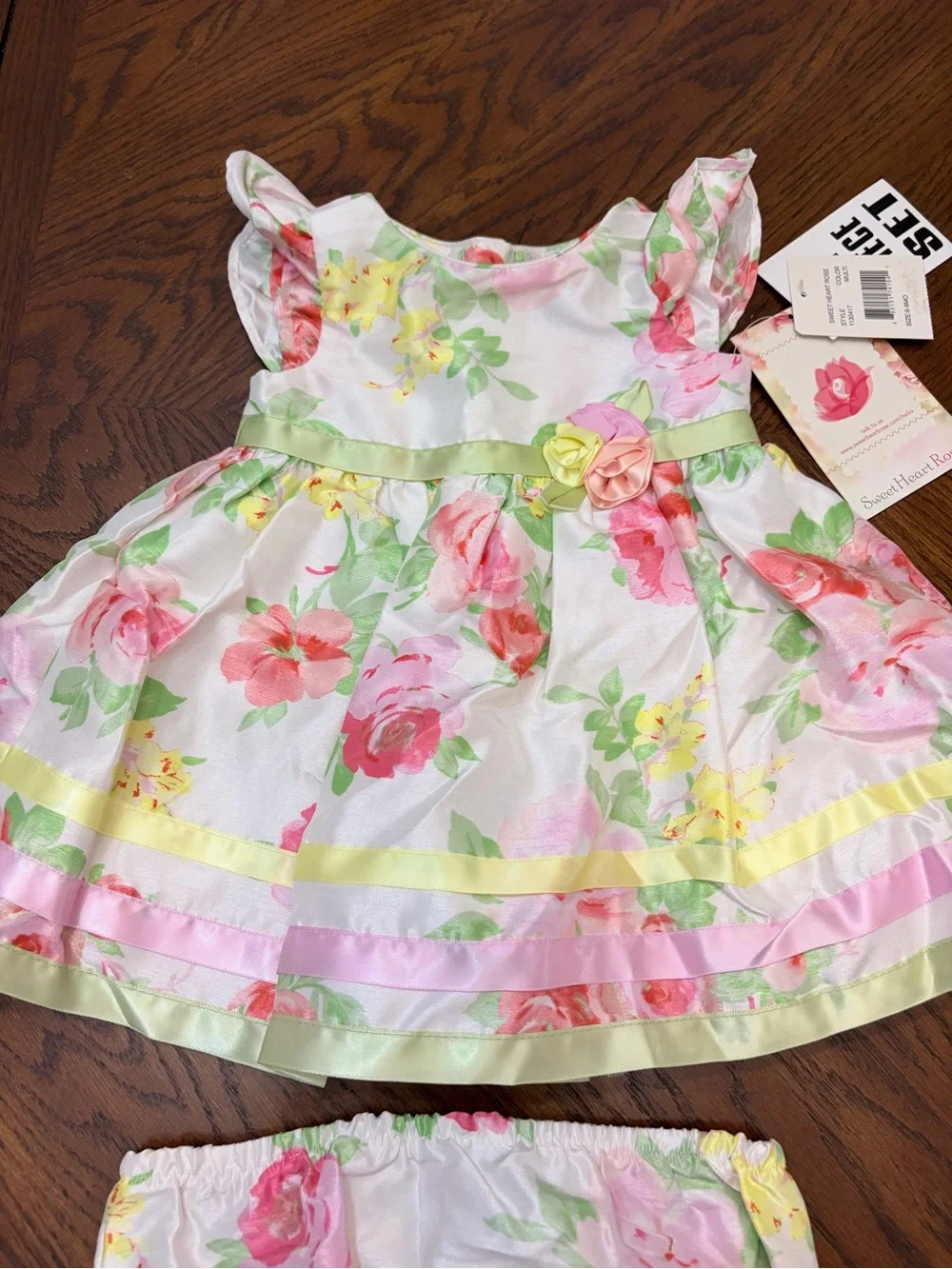 Sweet Heart Rose Floral Dress and Diaper Cover in Pink, Green & Yellow